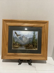 Foiled Picture Matted & Oak Framed Country House In Nature With Eagle Flying - Picture 1 of 9