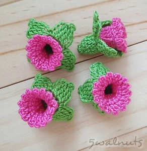 4 Handmade Pink Crochet Bell Flower & Leaves 3D Applique Embellishment Art Craft - Picture 1 of 2