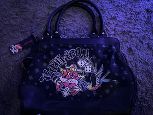 NWT Ed Hardy Vintage Black Logo Love Rose Satchel Purse Handbag - Picture 1 of 7