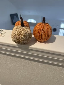 2 Orange And 1 Beige Natural Woven Pumpkins. Home Decor. - Picture 1 of 5