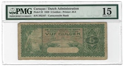 CURACAO 5 Gulden 1939 P-22, Rare 2nd Date, PMG 15 Original F, Fine, Dutch Colony - Image 1 of 2