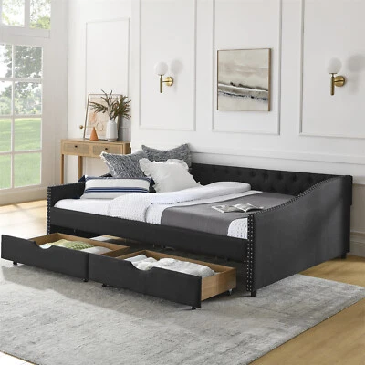 Queen Size Daybed with 2 Storage Drawers Upholstered Bed Frame Sofa Bed US - Image 1 of 4