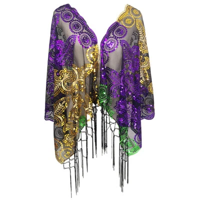 Green Yellow Purple Sequins Mardi Gras Poncho Shawl Scarf Cape Costume For Women - Image 1 of 4