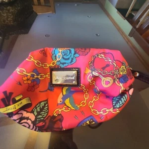 Cosmetic bag by Betsy Johnson. Hot pink floral design. Zip closure w black strap - Picture 1 of 5
