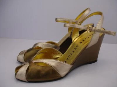 Sandalias de tacón de cuña para mujer 8 B M Walter Steiger Italia bronce metálico peltre Foto 1 de 4