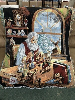 Christmas Throw Blanket Northwest Company Tapestry USA 42X62” Santa’s Workshop - Image 1 of 4