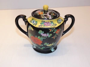 Vintage Japan Porzellan Zuckerschale, schwarz mit mehrfarbigen Blumen - Bild 1 von 9