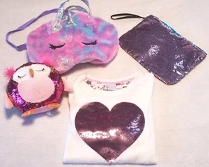 Zenista Girls Jr. Pink Sequin Heart Pajama Top LARGE Unicorn Tote/Bag /Plush Owl - Picture 1 of 20