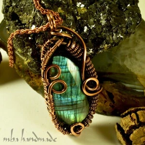 Rainbow Labradorite Crystal Pendant Antiqued Copper Wire Wrapped Gemstone - Picture 1 of 3