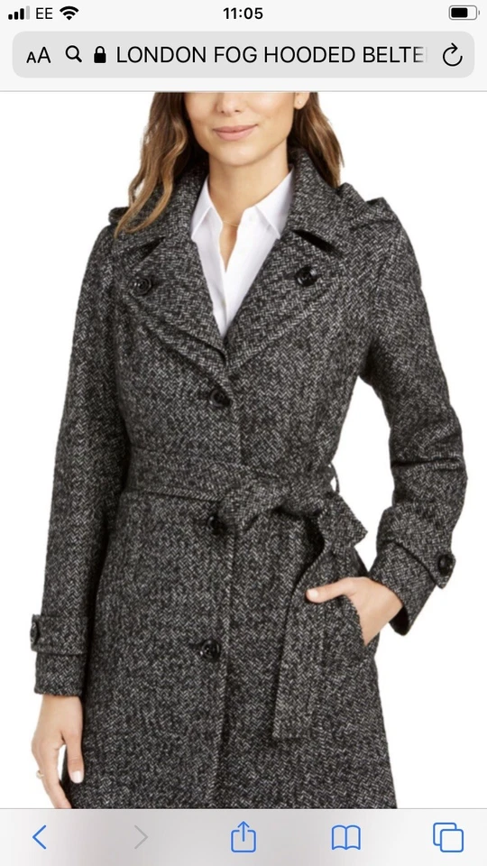 London Fog Hooded Belted Pea Coat Colour Black/ White Size S - Image 1 of 2