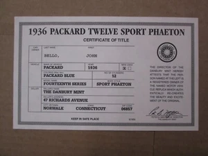 Danbury Mint Paperwork 1936 Packard Twelve Sport Phaeton - Picture 1 of 2