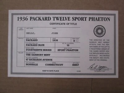 Danbury Mint Paperwork 1936 Packard Twelve Sport Phaeton - Image 1 of 2