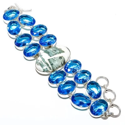 Brazalete Natural Suizo Verde Jaspe, Topacio Azul Plateado 7.99" T8615 Foto 1 de 3