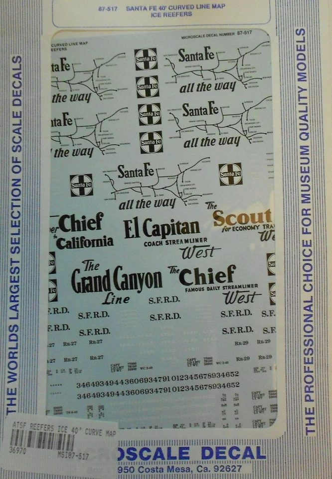 Microscale 87-517 HO Santa Fe 40'' Curved Line Map Ice Reefers Decal Sheet - Image 1 of 1