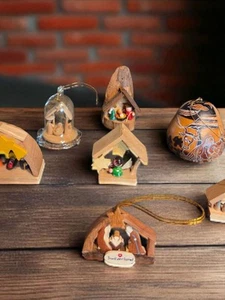 7 Christmas Nativity Ornaments Figurines Wood Etched Gourd Holy Family Decor SEE - Picture 1 of 17