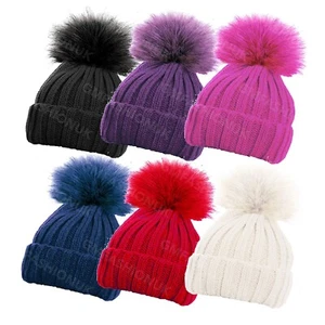Girls Kids Toddlers Knitted Ski Beanie Bobble Hat Detachable Pom Pom Winter Warm - Picture 1 of 9