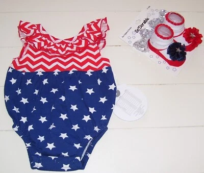 Koala Kids So 'Dorable 3 Pc RWB July 4th Bodysuit Sock Booties Hair Clippies NB - Image 1 of 3