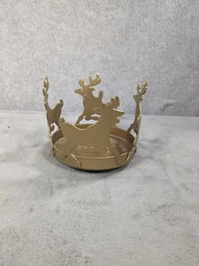 Vintage Brass Colored Pillar Candle Holder with 4 Reindeer Circled Together - Picture 1 of 5