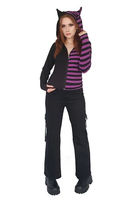 Womens Half Black Purple Striped Rockabilly Punk Cat Ears Hoodie BANNED Apparel - Image 1 of 4