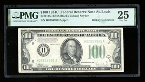 DBR 1934-C $100 St. Louis Fr. 2155-H PMG 25 Serial H02833991A - Picture 1 of 2