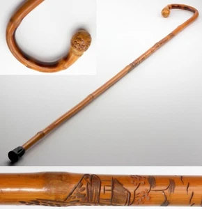 VTG Carved Japanese Flamed Crook Handle Bamboo Walking Stick Cane, New Tip, BIN - Picture 1 of 24