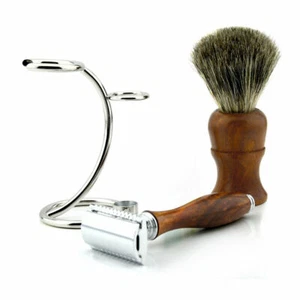 Wooden Clean Shave Set Face Lathering Shaving Brush & Bamboo Razor Pouch & Stand - Picture 1 of 10
