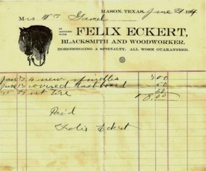 FELIX ECKERT BLACKSMITH WOODWORKER MASON COUNTY TX 1904 BILLHEAD FARRIER HORSES - Picture 1 of 1
