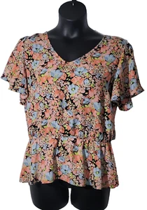 So Floral Size XL Elastic Peplum Blouse Vneck Flutter Sleeve Fairy Boho Prairie - Picture 1 of 10
