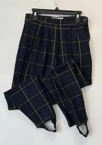 Vintage 1980s High Waist Navy Blue Plaid Stirrup Pants Size S Poly/Cotton Blend - Picture 1 of 7