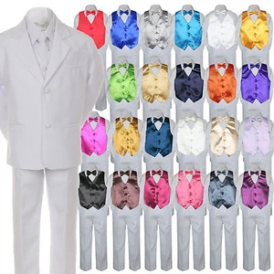 7pc Boy Kid Teen Formal Wedding Wear White Suit Tuxedo Extra Vest Bow Tie 4T-20 - Picture 1 of 25