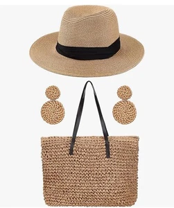 Straw Large Beach Bag for Women's woven beach bag and beach hats set Khaki - Picture 1 of 5