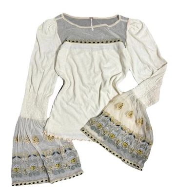 Blusa Top Free People Crema Malla Transparente Bordada Boho Hadas Festival Talla M Foto 1 de 4