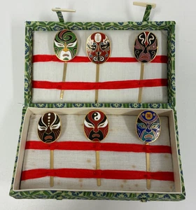 VINTAGE 6 X JAPANISCHE KABUKI CLOISONNE LESEZEICHEN PRÄSENTATIONSBOX OPERNMASKEN - Bild 1 von 8