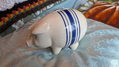 Vtg Ralph Lauren Farmstead Ticking Ironstone Blue Stripe PIGGY Bank Made ENGLAND - Image 1 of 4