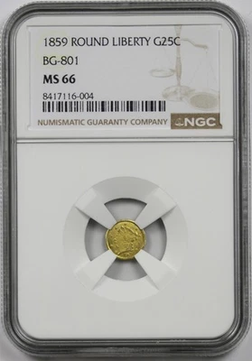 1859 BG-801 Round Liberty Cal Gold 25C NGC MS 66 California Fractional - Image 1 of 4