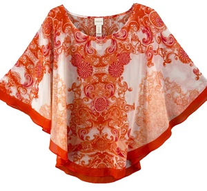 Poncho Chico's Talla Única Naranja Crema Agujeros Brazos Transparente Fluido Abstracto Top - Imagen 1 de 12