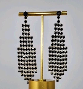 Schwarz Strass Vintage Chandelier Hänger Ohrhänger durchbohrt 3,5 cm lang - Bild 1 von 12