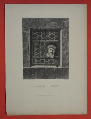 Schönes Grafik - Blatt  DER NEUGIERIGE  - Stahlstich um 1845 ; 30x22cm - Bild 1 von 3