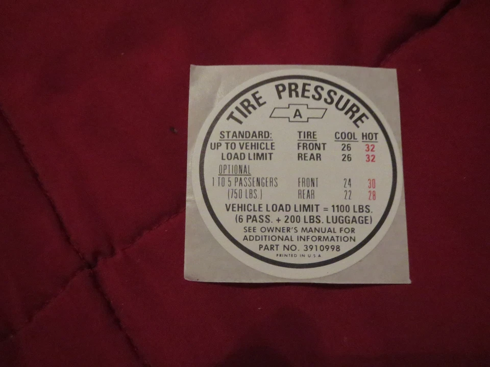 Chevrolet Chevelle 1967 pilar de puerta presión de neumáticos especificaciones calcomanía "A" Foto 1 de 1