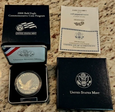 2008 Proof U S Mint Bald Eagle Silver Commemorative Dollar $1 US UNC OGP/COA - Image 1 of 3