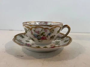 Antique Haviland Limoges Porcelain Cup & Saucer with Pink Floral Decorations - Picture 1 of 12