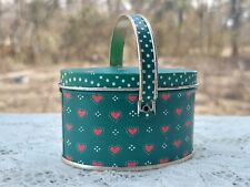 Vintage Mini Oval Bucket  or Basket Tin Dept 56 Green w Hearts Hong Kong made