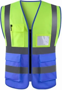 Yellow Navy Hi Viz Executive Waistcoat Zip Up Multi Pockets High Visibility Vest - Picture 1 of 7