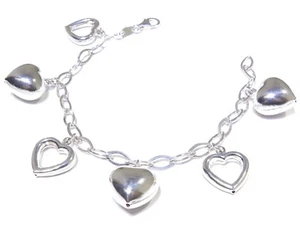 Ladies Silver .925 Beautiful Link W/ 2 Style Heart Charm Stunning Bracelet - Imagen 1 de 5
