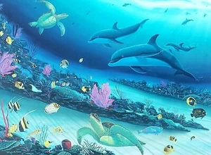 Radiant reef (left) WYLAND ocean dolphin sea turtle fish coral reef art poster - Picture 1 of 12