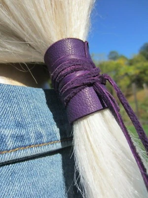 Leather Hair Tie Wrap Ponytail Holder Cuff Bohemian Clothing Purple Black Brown - Image 1 of 4