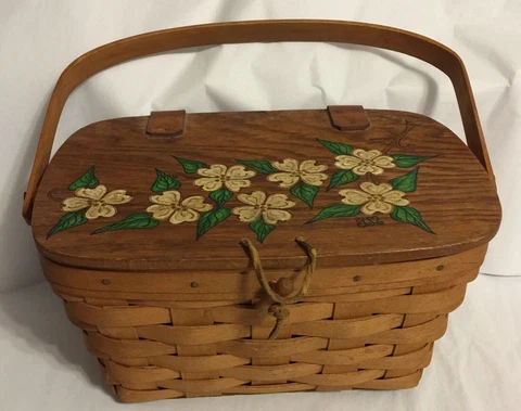 Vtg Longaberger Signed  LLS Painted Wood Purse Basket 1991 Picnic Basket W/liner Cover