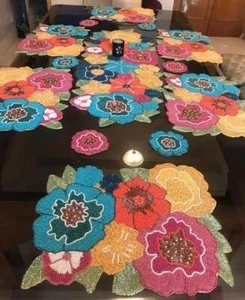 17 Piece Beaded Floral Dining Set With 1 Table Runner 8 Placemats And 8 Coasters - Picture 1 of 9