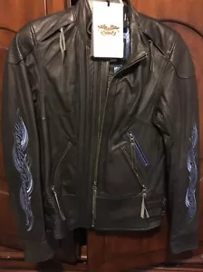 Chaqueta de cuero Harley Davidson ""Nueva con etiquetas"" 97112-12VW/000S azul llamas pequeña - Imagen 1 de 5