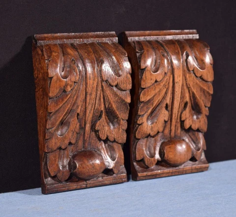*5" Pair of French Antique Renaissance Corbels Hand Carved Oak Wood Trim Cover
